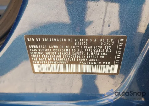 2017 Volkswagen Jetta 1.4T S из США, поврежденный, VIN 3VW167AJ4HM345587